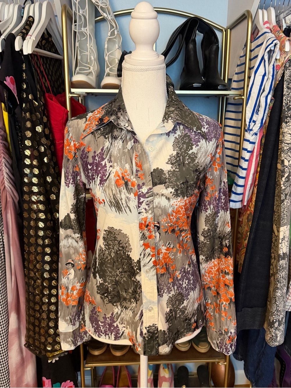 Vintage Dagger-Collar Novelty Print Shirt - Size XS/S